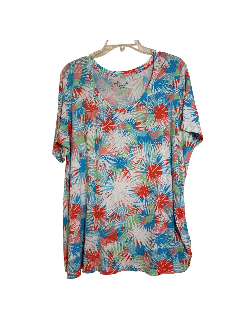 Palm Grove XL Short Sleeve Scoop Neck, Multicolored T-shirt, Ruched Left Side